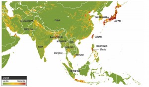 Map showing Asia Natural Hazards Risk - Economic Exposure 2012