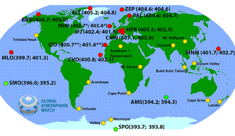 CO2 levels between March-April 2014 at WMO measuring stations (Pic: WMO)