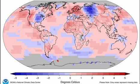 July 2014 Blended Land and Sea Surface Temperature Anomalies in degrees Celsius (Pic: NOAA)