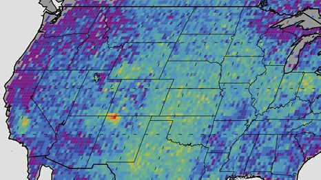 The red blob shows raised levels of methane emissions, as measured from space (Source: NASA)