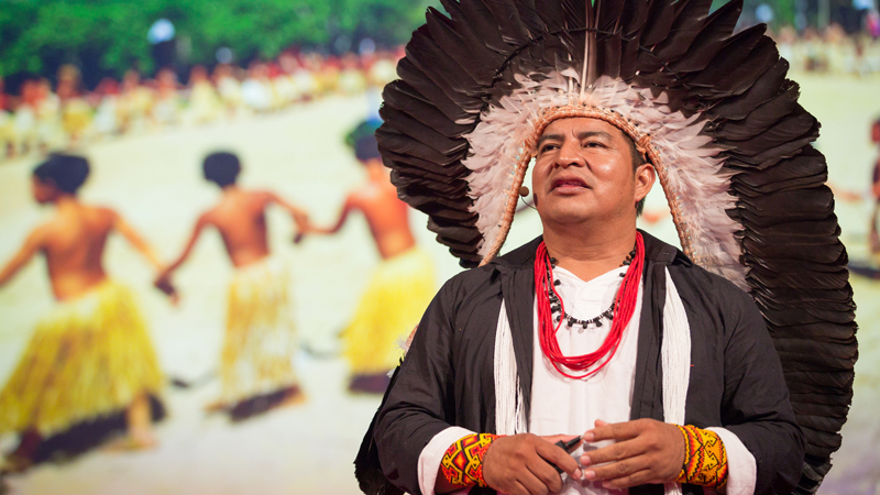 Indigenous activist Tashka Yawanawa giving a TED Talk (Photo: James Duncan Davidson/TED)