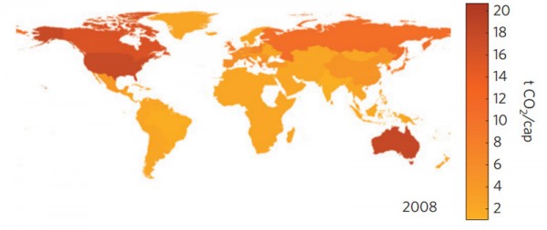 World map of average emissions per person using the technology-adjusted carbon footprint (Source: Nature Climate Change)