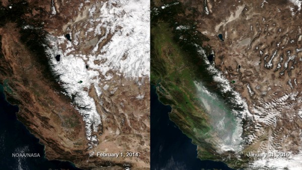 Much-needed rain in December 2014 brought green to California. But a record low snowpack in the Sierra Nevada threatens future water supplies (Pic: Flickr/NOAA Satellites)