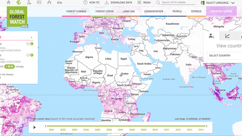 An interactive map shows advances in tree cover loss and gain worldwide between 2001-2014 (Credit: Global Forest Watch)
