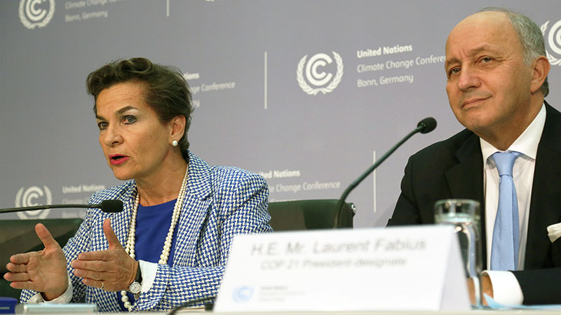 UN climate chief Christiana Figueres and the president of the COP21 talks, Laurent Fabius (Pic: UNFCCC/Flickr) 