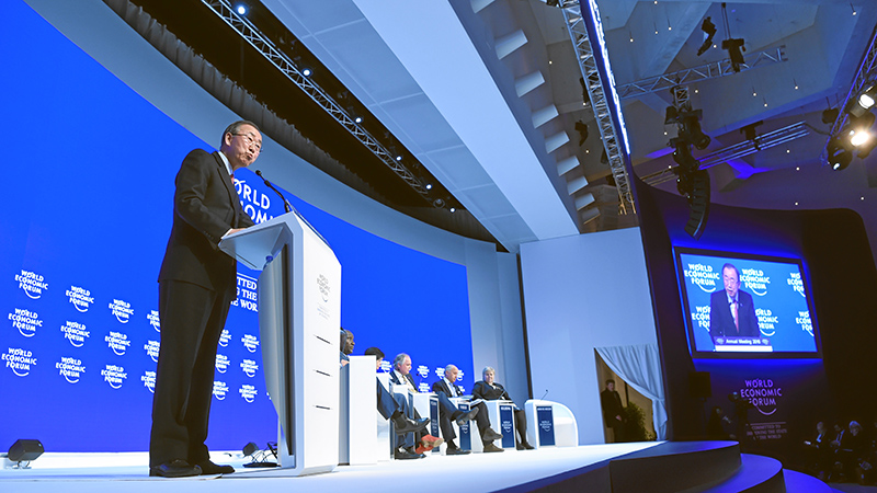 DAVOS/SWITZERLAND, 21JAN16 - Ban Ki-moon, Secretary-General, United Nations, New York addresses the audience during the session 'The New Climate and Development Imperative' at the Annual Meeting 2016 of the World Economic Forum in Davos, Switzerland, January 21, 2016. WORLD ECONOMIC FORUM/swiss-image.ch/Photo Valeriano Di Domenico