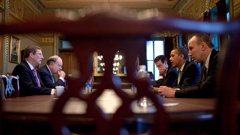 President Barack Obama meets with Senate Budget Committee Chairman Sen. Kent Conrad (D-ND), House Budget Committee Chairman Rep. John Spratt Jr. (D-SC), Office of Management and Budget Director Peter Orszag, and Assistant to the President for Legislative Affairs Phil Schiliro, March 17, 2009. (Official White House Photo by Pete Souza)