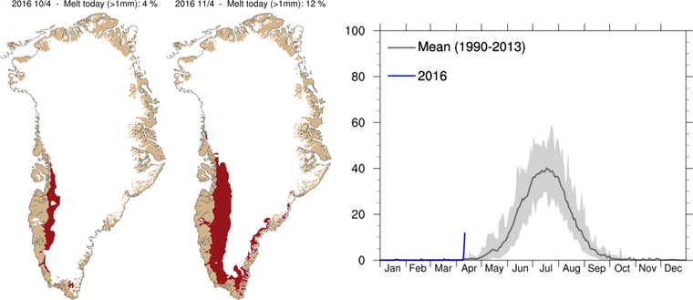 Left: Maps showing areas where melting has taken place within the last two days. Right: The percentage of the total area of the ice where the melting occurred from 1 January until 11 May (in blue). The dark grey curve represents the 1990-2013 average. (Source: Danish Meteorological Institute)