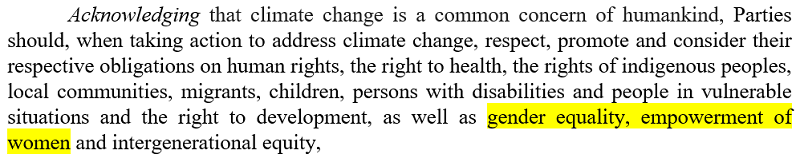 Gender features in the preamble to the Paris Agreement