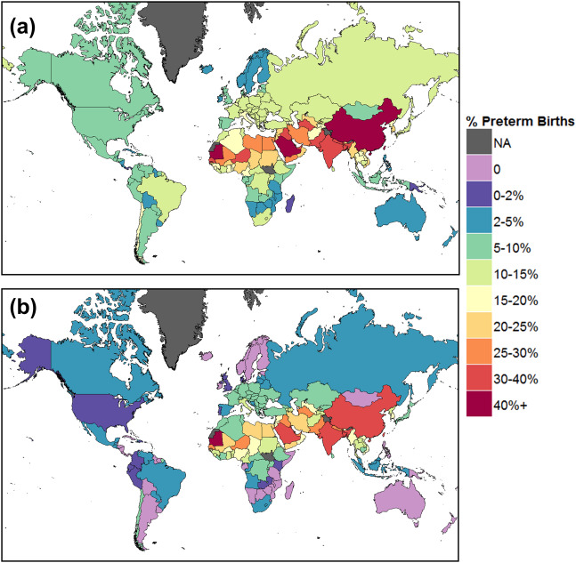 Percentage of total preterm births which were associated with ambient PM2.5 in 2010 using a low concentration cut-off of a) 4.3 μg m− 3, and b) 10 μg m− 3 (Source: Environment International)