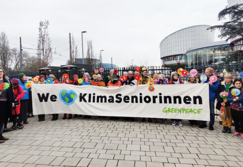 Demonstrators outside the European Court of Human Rights during the hearing of two landmark climate change and human rights cases