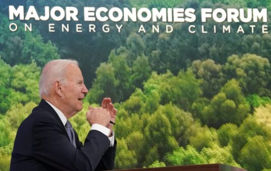 Jor Biden gives a speech at the Major Economies Forum where he pledged $1 billion in funding for the Green Climate Fund.