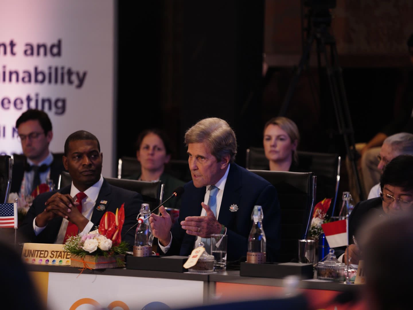 John Kerry, climate envoy from the US, speaking from his seat to a hall of climate ministers from G20 countries