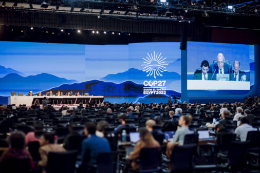 Main plenary stage at the Cop27 conference, with a table of diplomats on stage and a plenary on the ground floor. Small islands demand urgent action at maritime court hearing