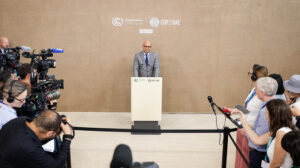 UN climate chief Simon Stiell gives a press conference at Cop28