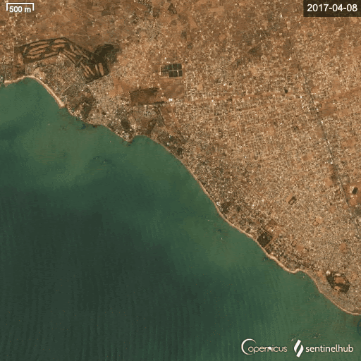A series of satellite images showing shrinking beaches in Mbour, where there is no infrastructure for climate adaptation, and an expanded beach in Saly, where infrastructure was developed for resorts.