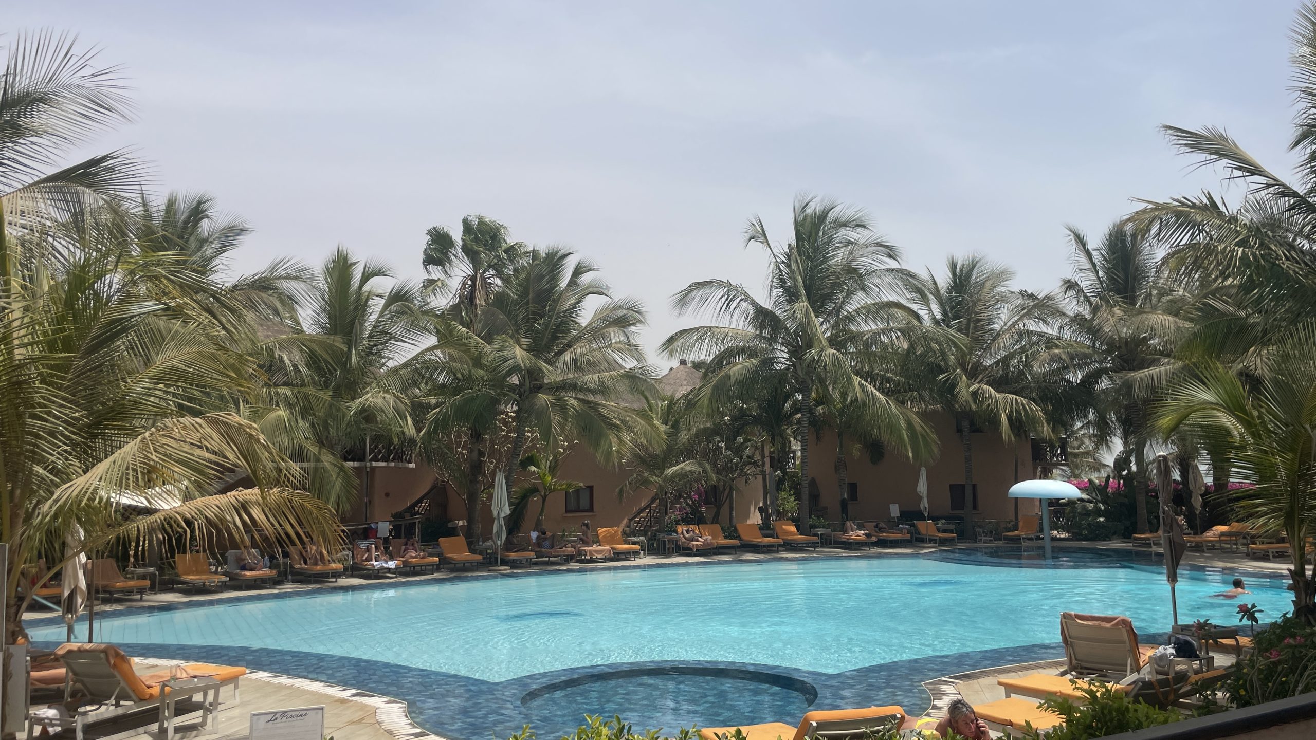 A pool surrounded by palm trees at Le Lamantin hotel in Senegal. The insurance arm of the World Bank, MIGA, used millions of its climate funds in chain hotels, while fishermen struggle with climate impacts.