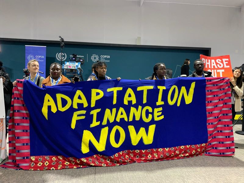 Activists call for the provision of finance for adaptation at the COP29 UN climate conference in Baku, Azerbaijan