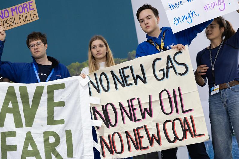 A group of demonstrators at COP29 in Baku, Azerbaijan, demand negotiators to speed up the transition away from fossil fuels. 