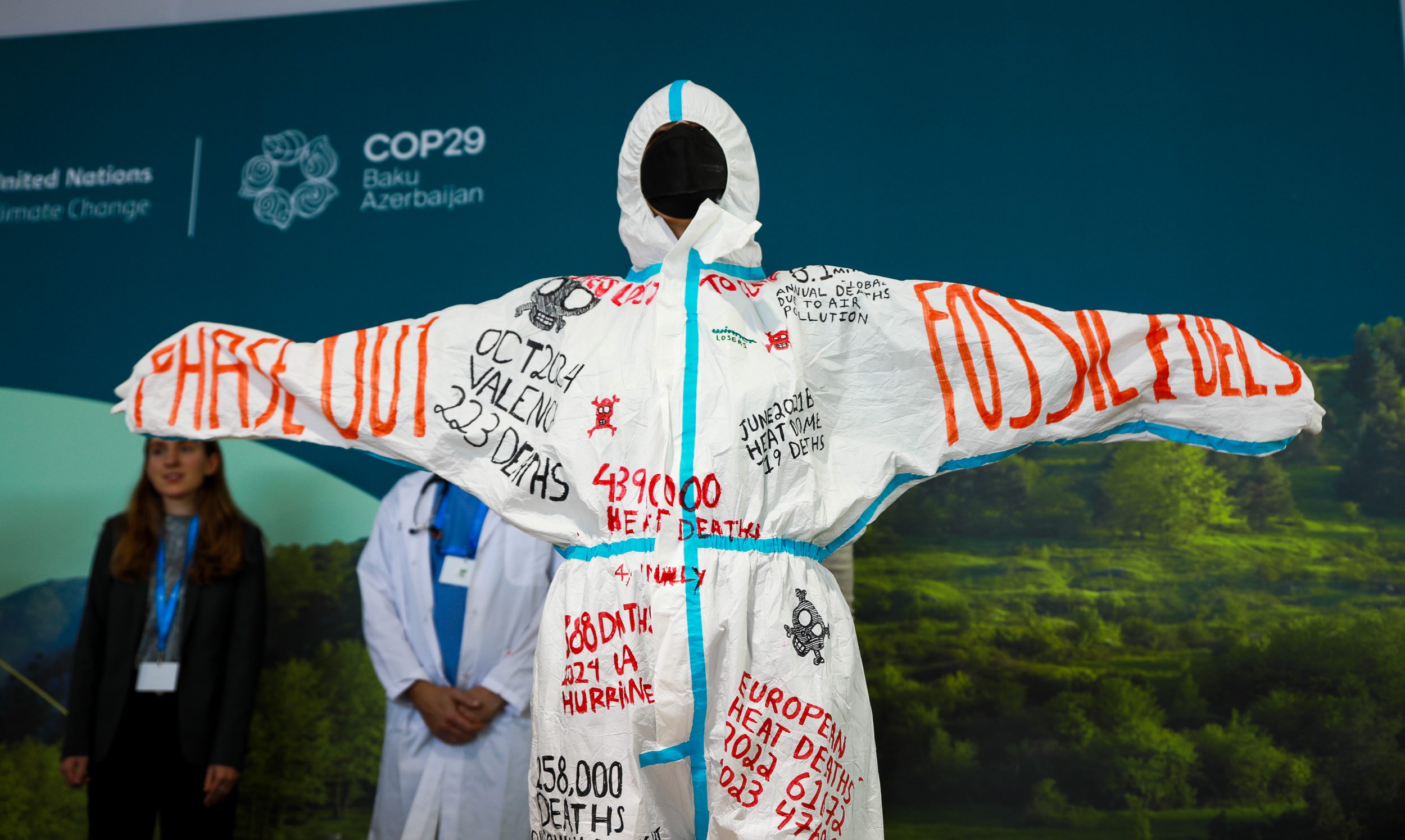 Medics demonstrate against the health impacts of the climate crisis and call fro a phase out of fossil fuels at the COP29 climate conference in Baku, Azerbaijan, on November 15, 2024. (Photo by IISD/ENB | Mike Muzurakis) How to take back control of COP from the world's biggest polluters